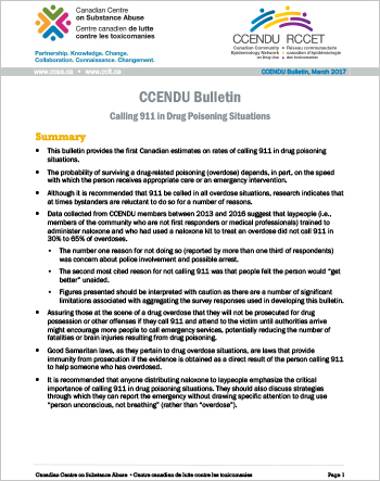 Calling 911 in Drug Poisoning Situations (CCENDU Bulletin)