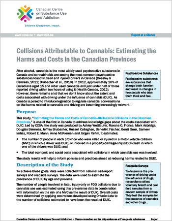 Collisions Attributable to Cannabis: Estimating the Harms and Costs in the Canadian Provinces (Report at a Glance)