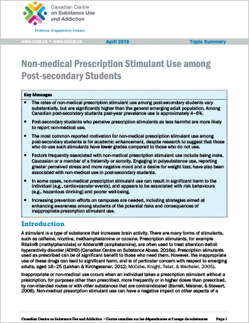 Non-medical Prescription Stimulant Use among Post-secondary Students (Topic Summary)