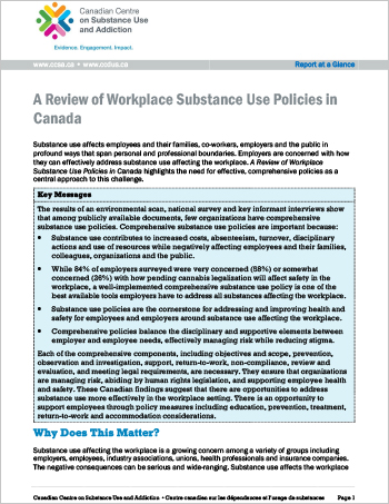 A Review of Workplace Substance Use Policies in Canada (Report at a Glance)