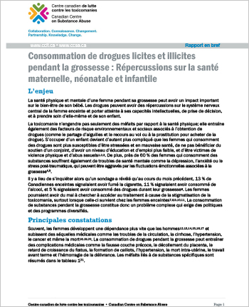 Consommation de drogues licites et illicites pendant la grossesse : Répercussions sur la santé maternelle, néonatale et infantile (Rapport en bref)