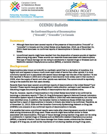 No Confirmed Reports of Desomorphine (“Krocodil”/“Crocodile”) in Canada (CCENDU Bulletin)