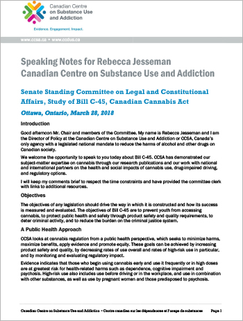 Presentation to the Senate Standing Committee on Legal and Constitutional Affairs, Study of Bill C-45, Canadian Cannabis Act