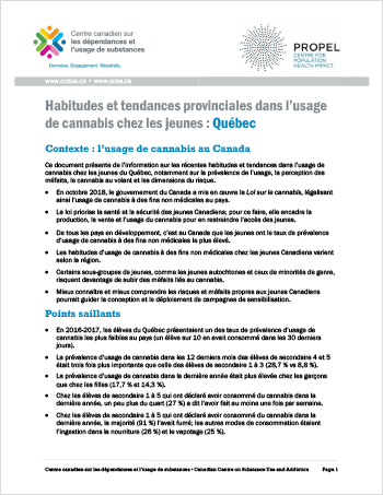 Habitudes et tendances provinciales dans l’usage de cannabis chez les jeunes : Québec