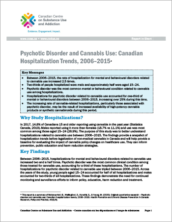 Psychotic Disorder and Cannabis Use: Canadian Hospitalization Trends, 2006–2015 [Report in Short]