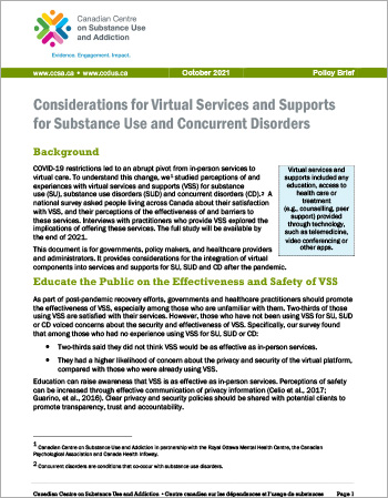 Considerations for Virtual Services and Supports for Substance Use and Concurrent Disorders [Policy Brief]