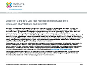 Update of Canada’s Low-Risk Alcohol Drinking Guidelines: Disclosure of Affiliations and Interests