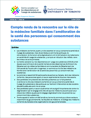 Compte rendu de la rencontre sur le rôle de la médecine familiale dans l’amélioration de la santé des personnes qui consomment des substances