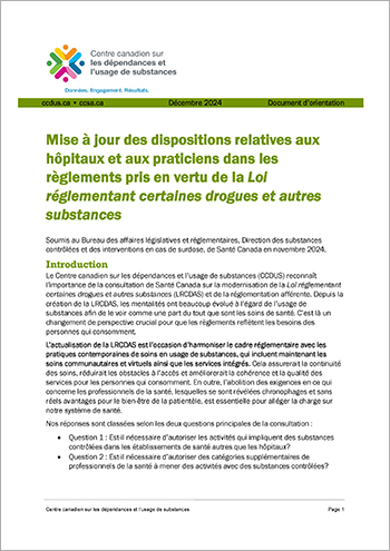 Mise à jour des dispositions relatives aux hôpitaux et aux praticiens dans les règlements pris en vertu de la Loi réglementant certaines drogues et autres substances (LRCDAS)