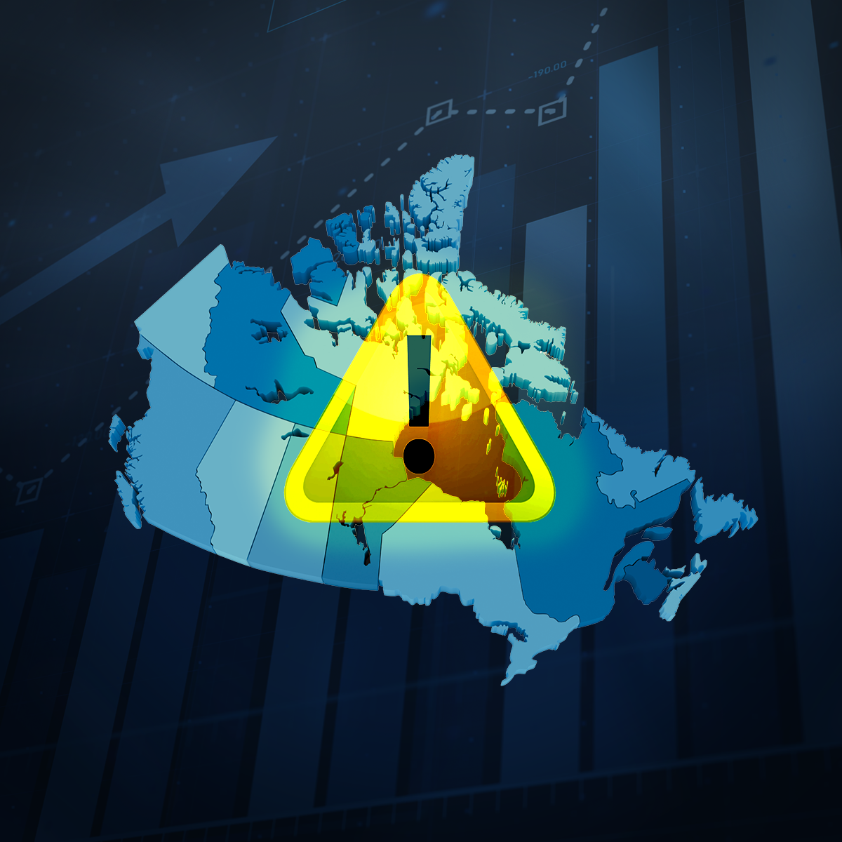 Map of Canada with a caution symbol on top. 