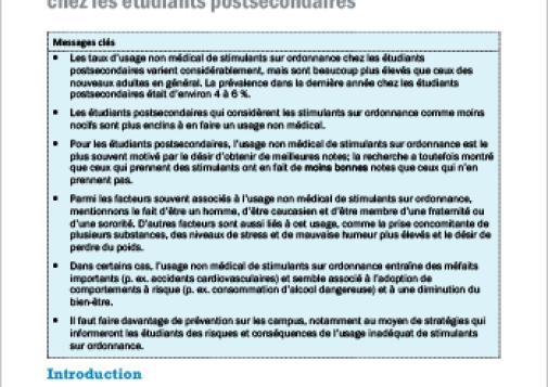 Usage non médical de stimulants sur ordonnance chez les étudiants postsecondaires (Résumé thématique)