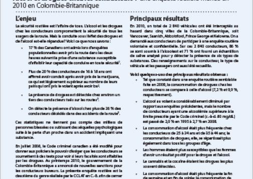 Alcool et drogues chez les conducteurs : Une enquête routière menée en 2010 en Colombie-Britannique (Le rapport en bref)