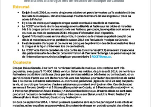 Méfaits liés à la drogue lors de festivals de musique au Canada, Juin à Août 2014 (Bulletin du RCCET)