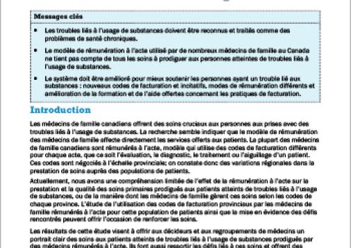 Rémunération des médecins de famille pour le traitement des troubles liés à l’usage de substances (Survol du rapport)