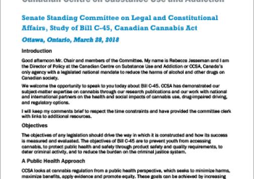 Presentation to the Senate Standing Committee on Legal and Constitutional Affairs, Study of Bill C-45, Canadian Cannabis Act