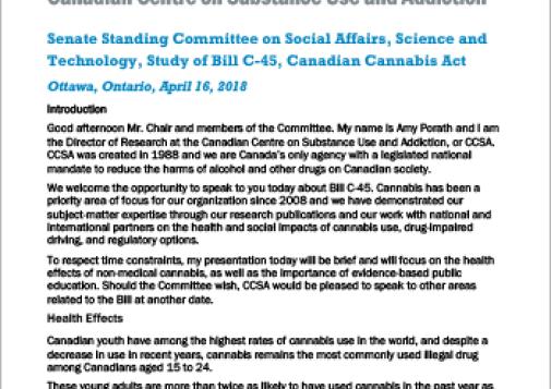 Presentation to the Senate Standing Committee on Social Affairs, Science and Technology, Study of Bill C-45, Canadian Cannabis Act