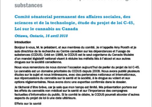 Présentation au Comité sénatorial permanent des affaires sociales, des sciences et de la technologie, étude du projet de loi C-45, Loi sur le cannabis au Canada