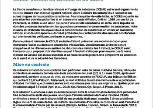 Présentation sur les boissons ayant une combinaison d’alcool à teneur élevée, de caféine et de sucre au Comité permanent de la santé