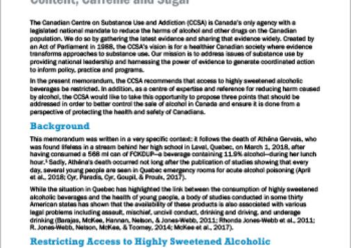 Presentation on pre-mixed drinks combining high alcohol, caffeine and sugar content to House of Commons’ Standing Committee on Health