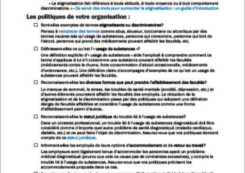Politiques organisationnelles et stigmatisation de l’usage de substances : un aide-mémoire
