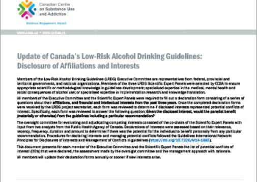 Update of Canada’s Low-Risk Alcohol Drinking Guidelines: Disclosure of Affiliations and Interests