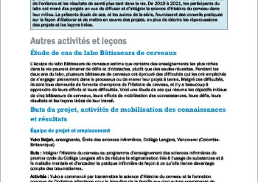 Autres activités et leçons : étude de cas du labo Bâtisseurs de cerveaux