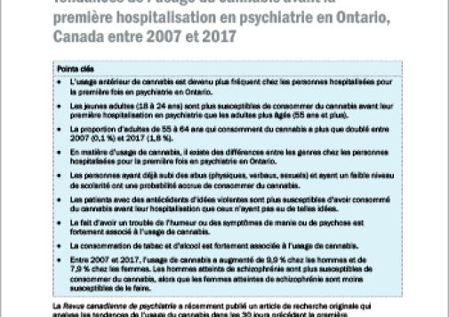 Tendances de l’usage du cannabis avant la première hospitalisation en psychiatrie en Ontario, Canada entre 2007 et 2017 (Survol du rapport)