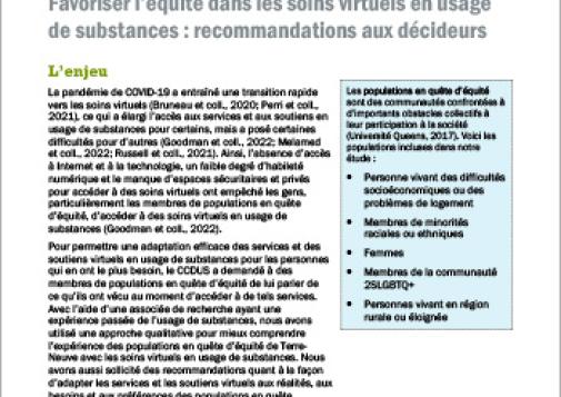 Favoriser l’équité dans les soins virtuels en usage de substances : recommandations aux décideurs