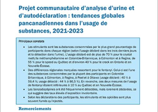 Projet communautaire d’analyse d’urine et d’auto-déclaration : tendances globales pancanadiennes dans l’usage de substances, 2021-2023
