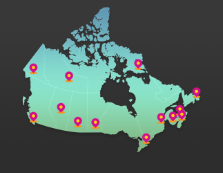 Map of Canada with red pins placed throughout different regions. 