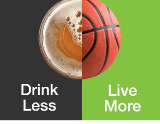 The top of a glass of beer over a black background split with half of a basketball over a bright green background, together forming the shape of a circle. 