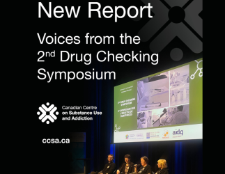 Panel sitting on a stage with the text that reads: New Report: Voices from the 2nd Drug Checking Symposium.