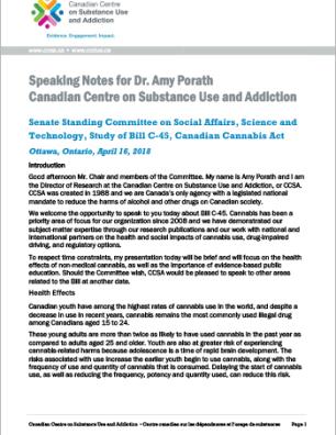 Presentation to the Senate Standing Committee on Social Affairs, Science and Technology, Study of Bill C-45, Canadian Cannabis Act