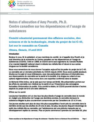 Présentation au Comité sénatorial permanent des affaires sociales, des sciences et de la technologie, étude du projet de loi C-45, Loi sur le cannabis au Canada