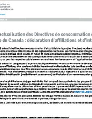 Le projet d’actualisation des Directives de consommation  d’alcool à faible risque du Canada : déclaration d’affiliations  et d’intérêts