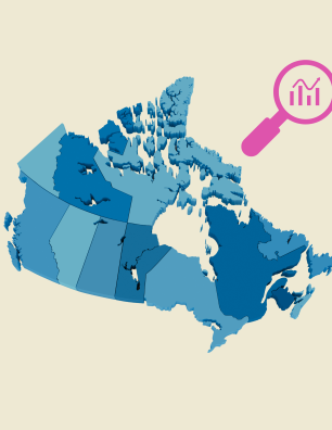 Carte du Canada avec l’icône d’une loupe et d’une flèche montante. 
