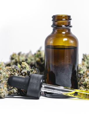 Amber glass bottle with a dropper filled with cannabis oil surrounded by dried cannabis buds on a white background.