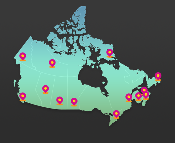 Map of Canada with red pins placed throughout different regions. 